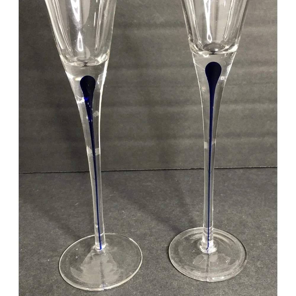2 Home Essential Teardrop Blue Champagne Glasses Wedding Toasting 10 3/4